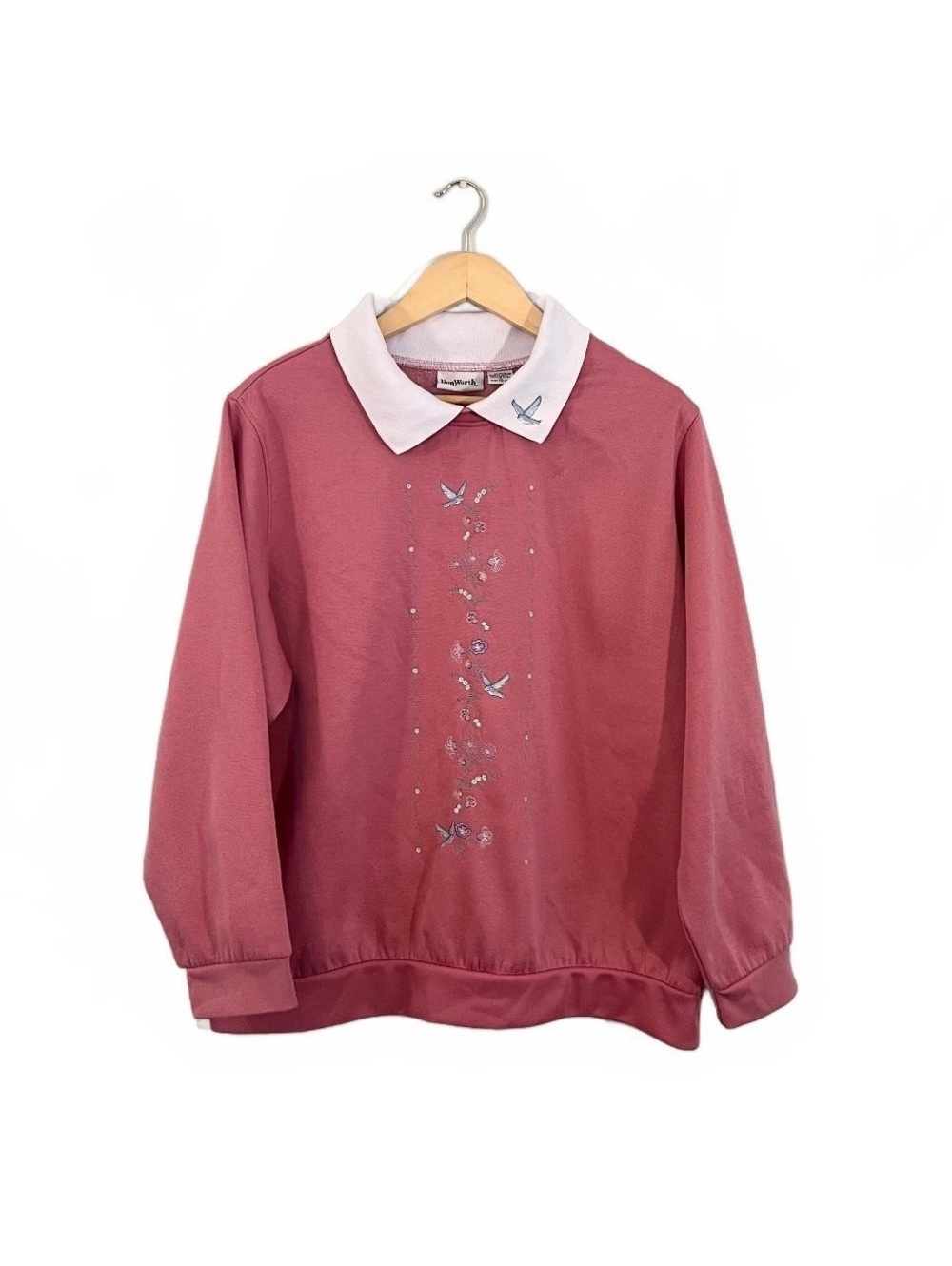 Vintage 90’s Pink Floral Bird Embroidered Collared Sweatshirt Cottage Whimsy